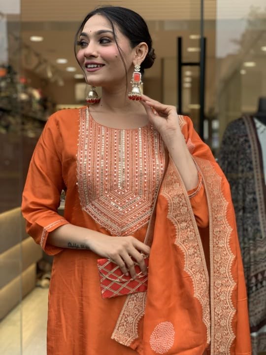 Nermosa Women Embroidery Silk Straight Kurta and Pant Set with Dupatta