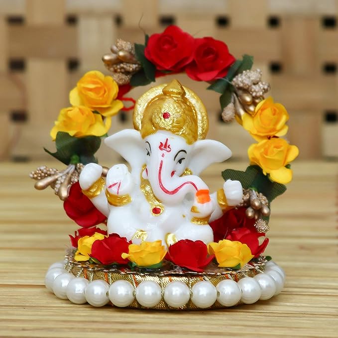 eCraftIndia Resin Lord Ganesha Idol On Decorative Rose Flower