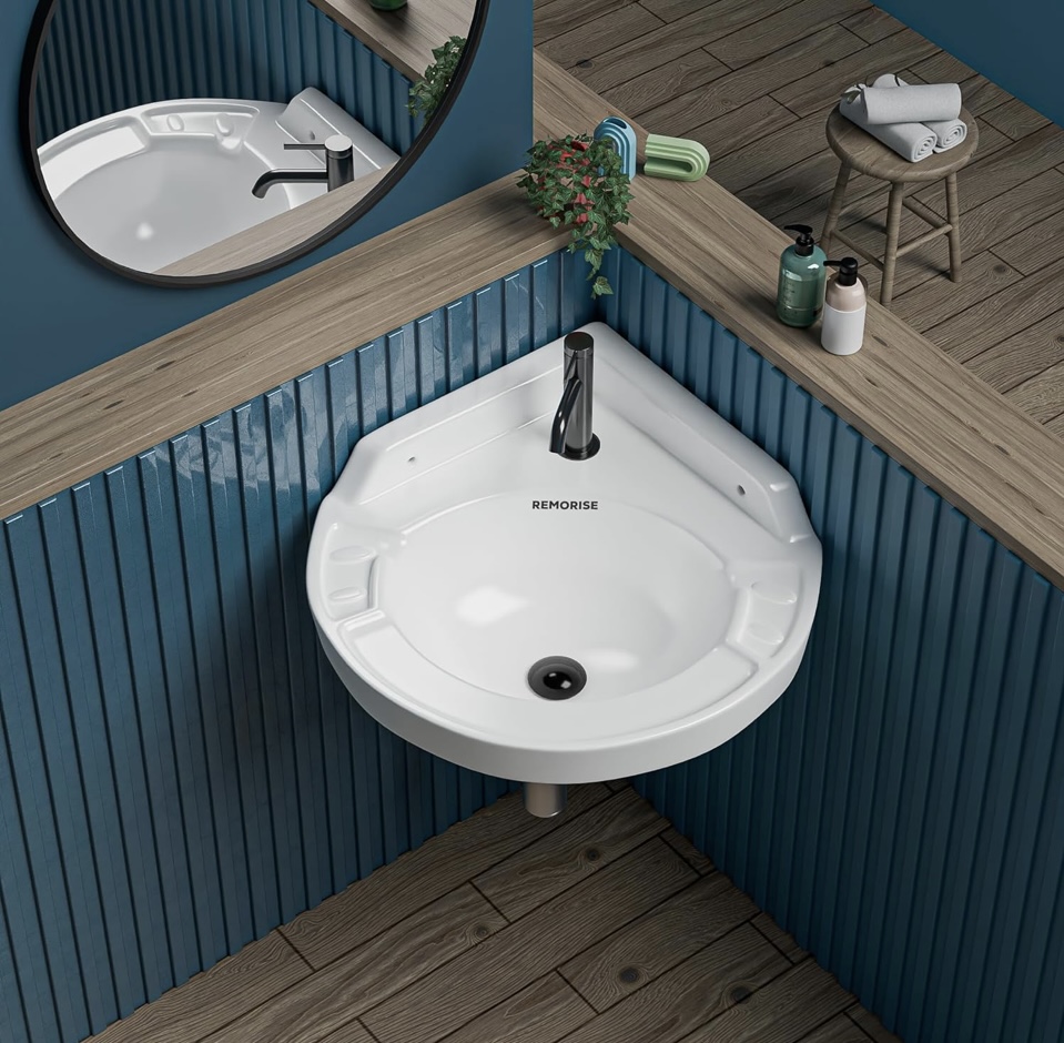 REMORISE Ceramic Wall Hung Corner Wash Basin