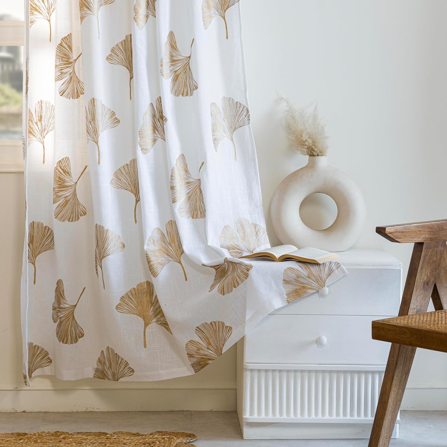 HOMEMONDE Door Curtains 7 Feet Set of 2- Gold Printed Linen Textured Transparent Curtain for Living Room