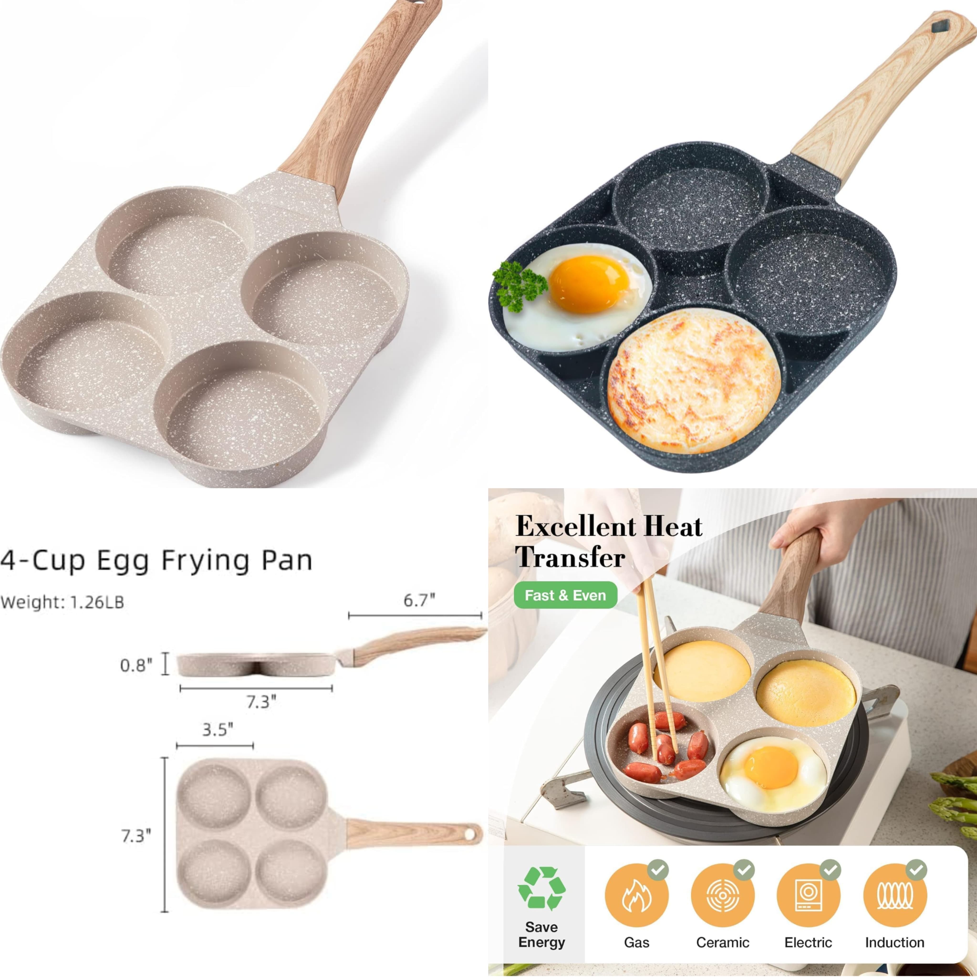 ShreeVoke 4 Hole Non Stick Egg Frying pan with Detachable Wooden Handle,Multi Purpose Frying pan for Omelet uttapam idli Burger Poached Egg Kitchen Breakfast