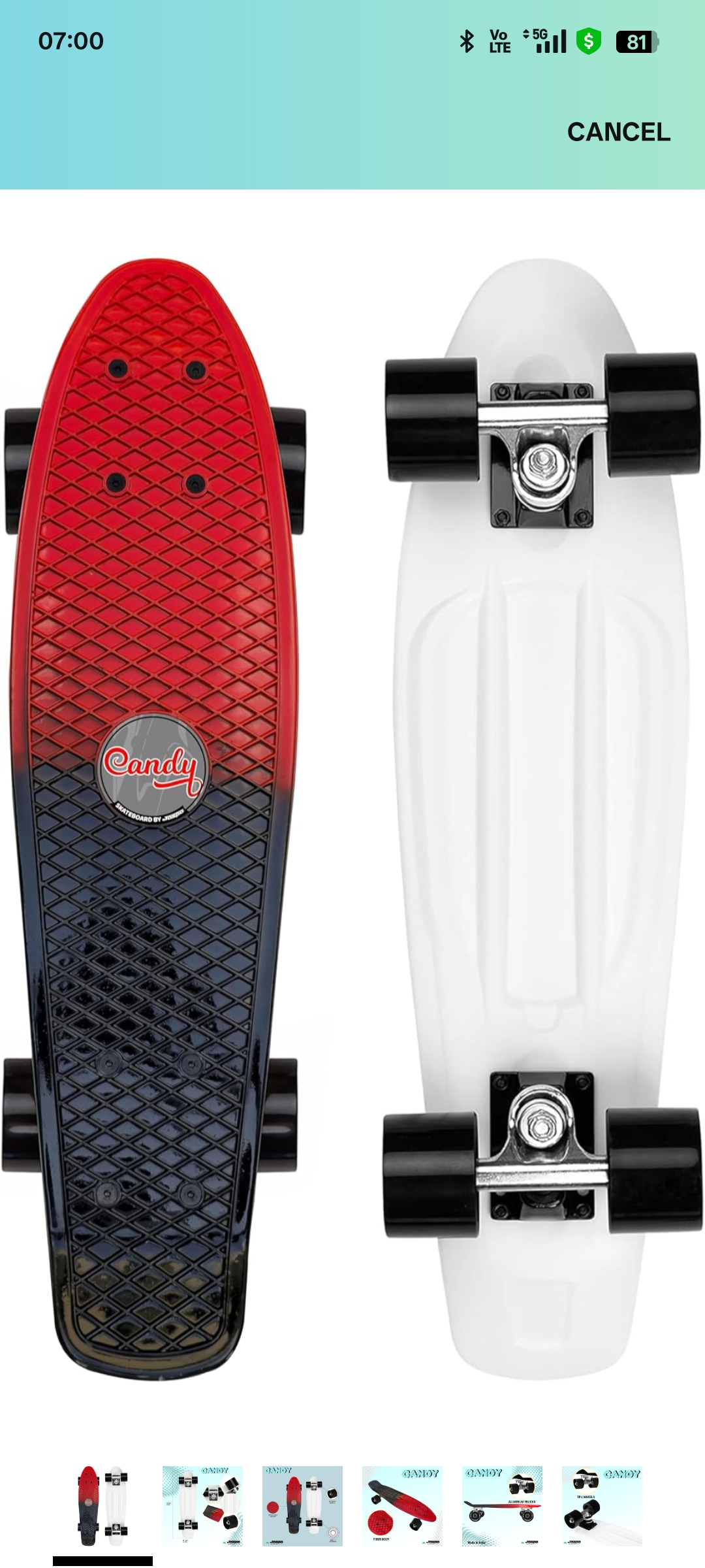 Jaspo Candy Skateboard for Kids 5+ Years, Maximum Weight Capacity 60 Kgs,Aluminium Trucks, Fibre Deck,Knurl Design,Lightweight, Dual Colour (Red & Black, TPU Wheels (22x6 inches))