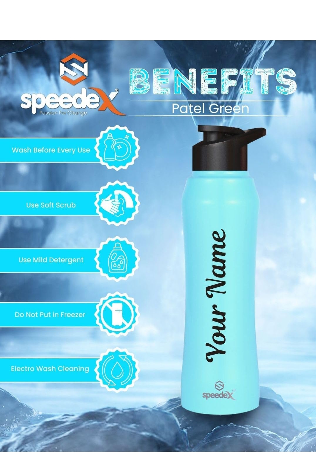 Speedex Stainless Steel Customised Skyblue Water Bottle 1 Litre with Sipper Cap – Leak-Proof, Durable, Lightweight | Ideal for Office, School, Travel | Single Bottle (1000ml)