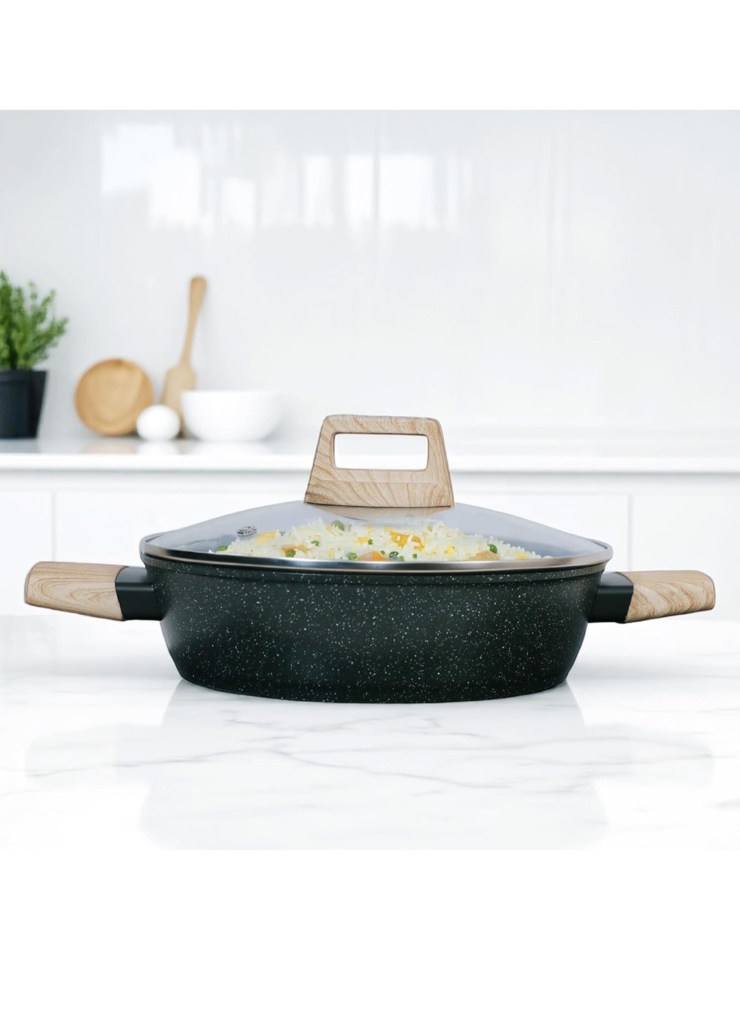 SOLARA Belmont Ceramic Low Casserole with Glass Lid, 2.2 Litre/24Cm, Cast Aluminium Body, Stew Pot, Biriyani Bowl, Gas & Induction Compatible, Carbon