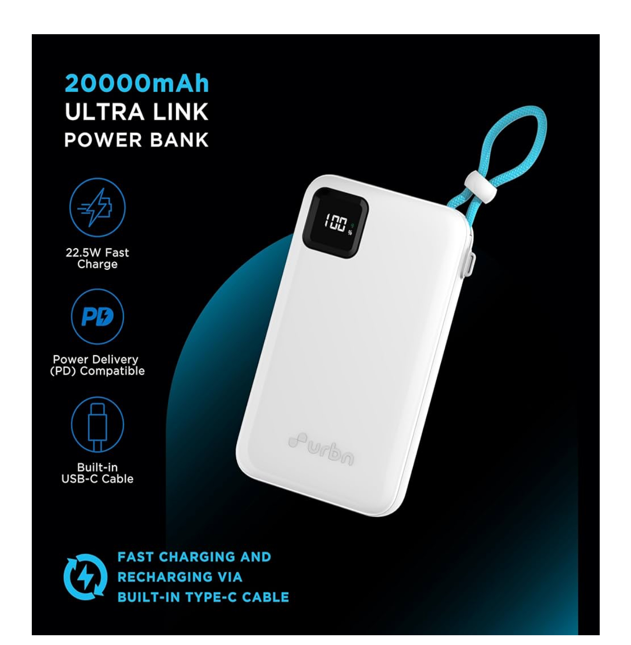 URBN 20000mAh Power Bank with Built-in Type-C Cable | 22.5W Super Fast Charging