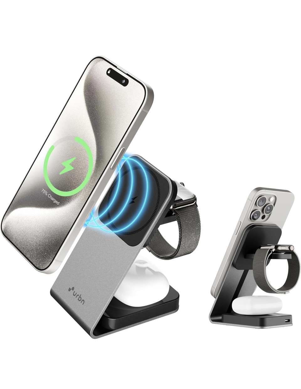 URBN Wireless Charger 3 in 1 Magnetic MagSafe Charging Metal Stand for Apple iWatch, Airpods & iPhone 16/16 Pro / 16 Plus 15