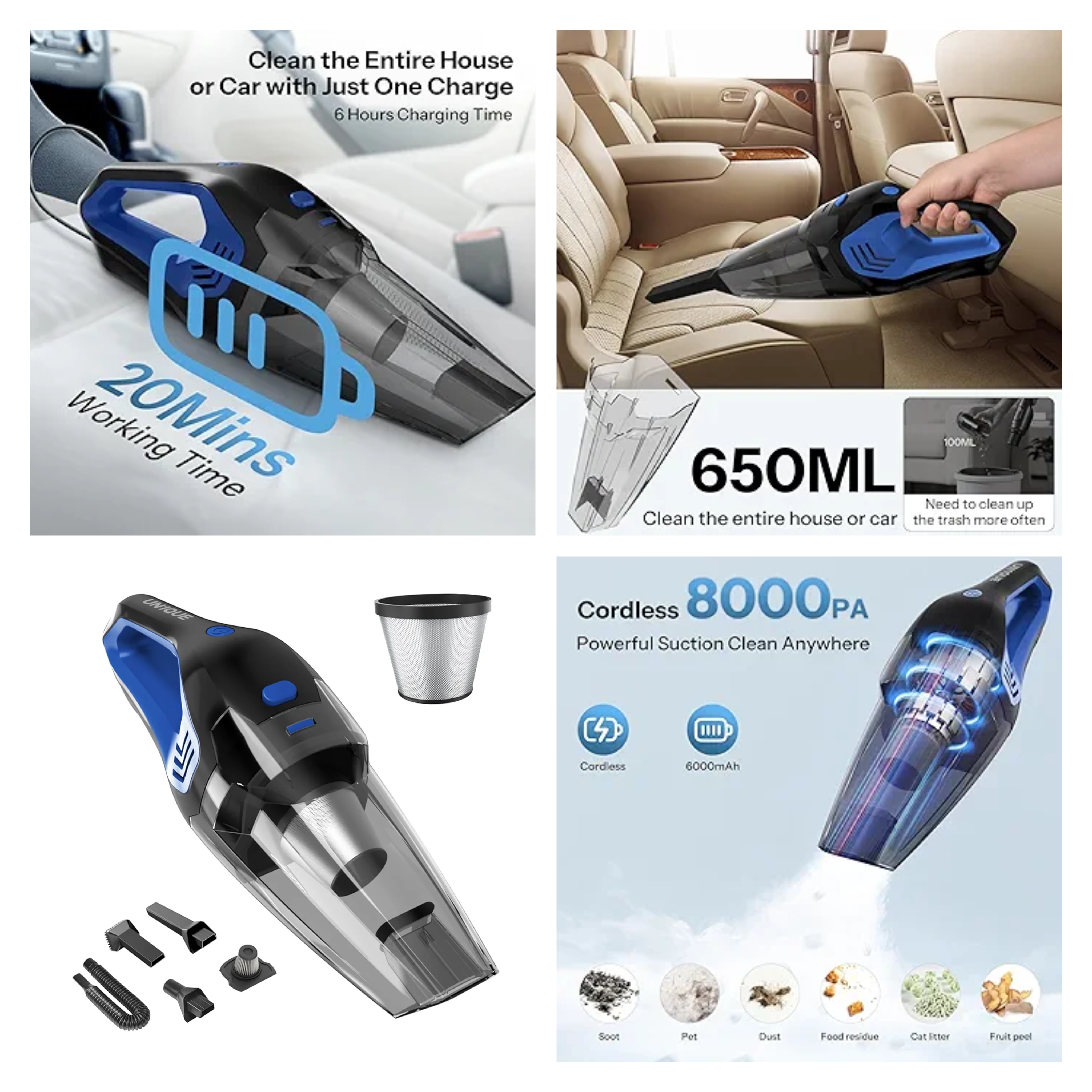 *Cordless Car Vacuum Cleaner 2 in 1, 8000Pa Powerful Suction Portable Handheld Vacuum Cleaner for Home and Car with Steel Mesh Filter, 650ML Dustbin, 4 Nozzles, USB Rechargeable (Blue)