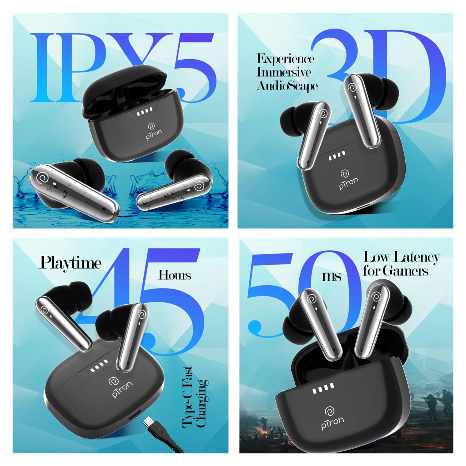pTron Newly Launched Bassbuds Prism TWS Earbuds with 3D AudioScape, 45Hrs Playtime, TruTalk AI-ENC Calls, 50ms Low Latency Sync, BT5.3, Type-C Fast Charging, Voice Asst. & IPX5 Water Resistant (Black)