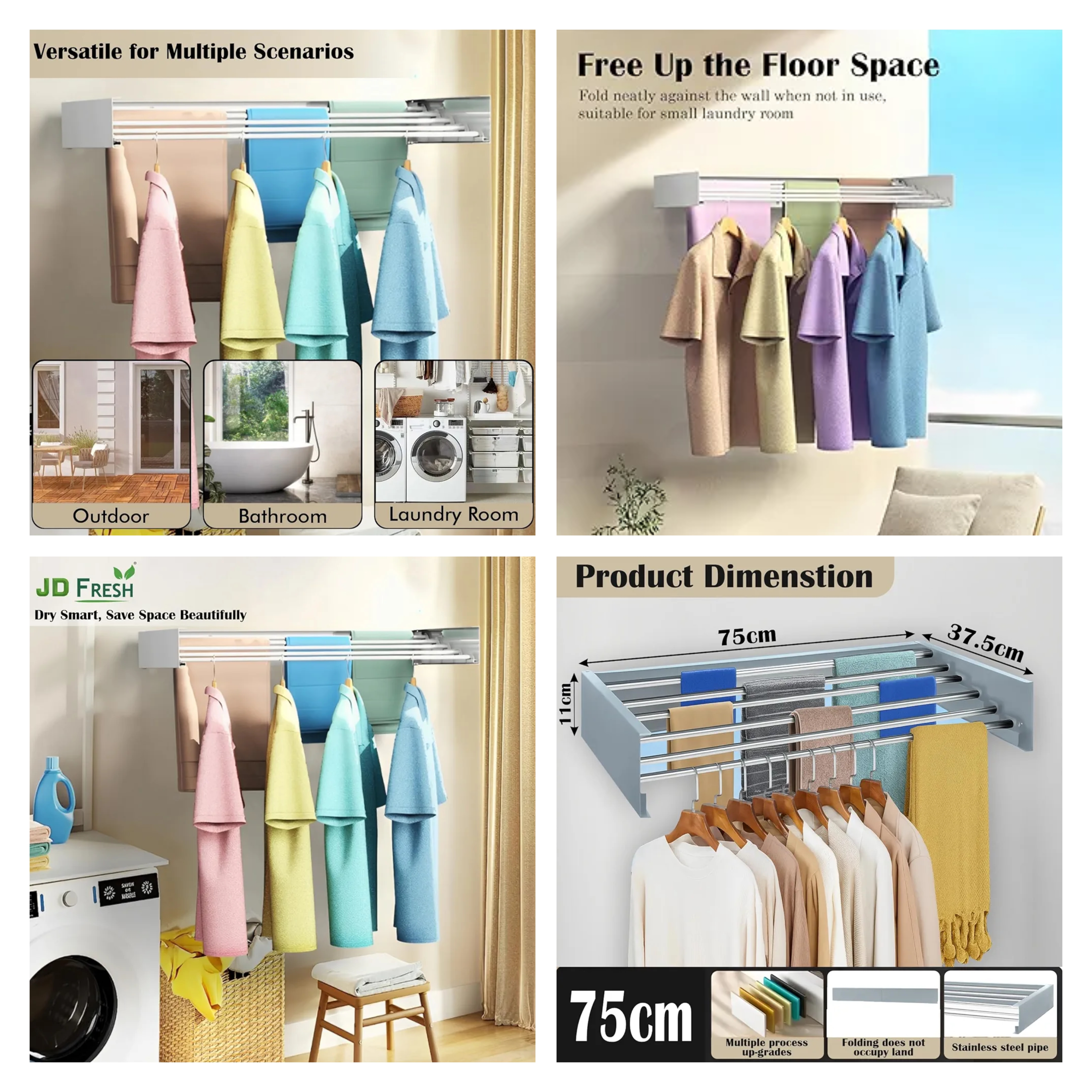 JD FRESH Metal Foldable Wall Mount Clothes Hanger/Cloth Drying Stand for Balcony with 5 Rods/Collapsible Clothes Drying Rack for Laundry/Space Saver/Indoor/Outdoor(Grey)