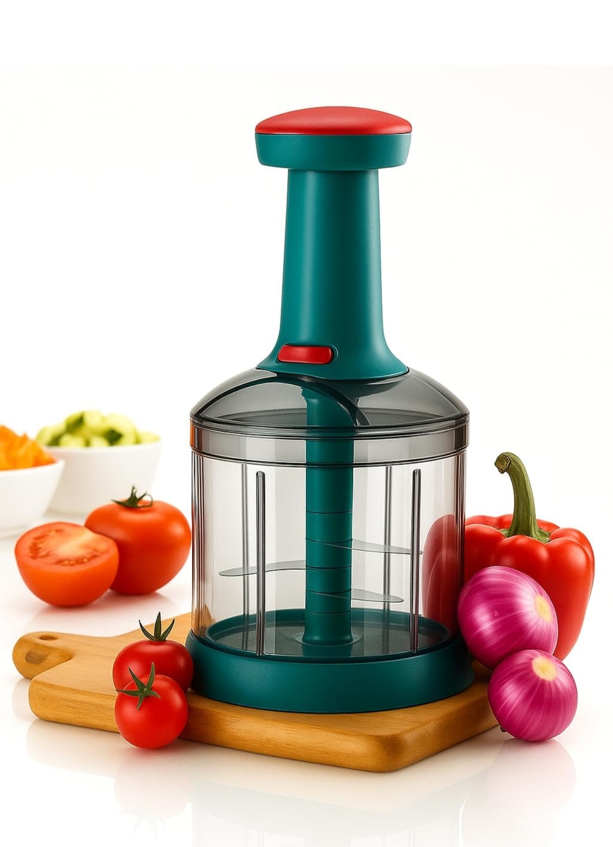 YOUONE Food Chopper 1000ml, 4 Blade Steel Large Manual Hand-Press Vegetable Chopper Mixer Cutter to Cut Onion, Salad, Tomato, Potato (Grey Red (1000 ML))