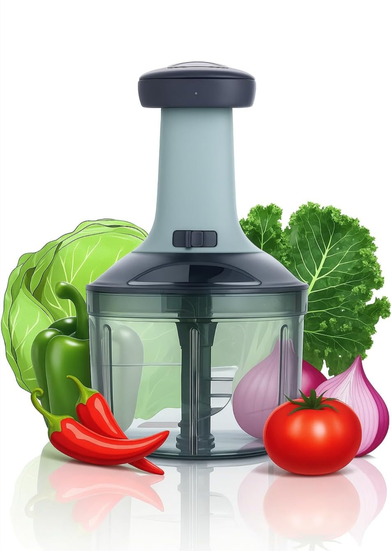 YOUONE Manual Hand Press Push Chopper with 4 Blades for Effortless Chopping Vegetables & Fruits (Assorted, 900 ml, Plastic). (Grey)