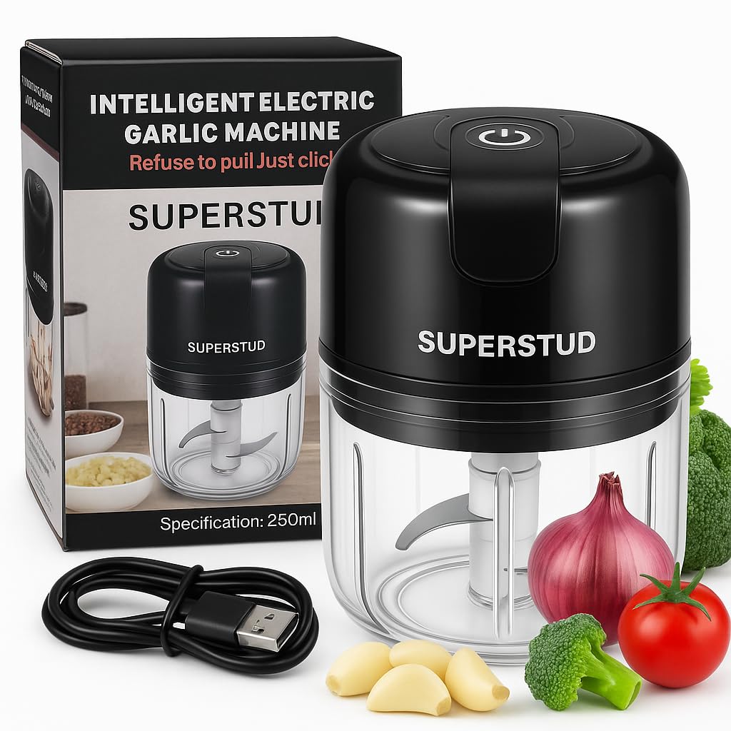 SUPERSTUD Rechargeable Mini Electric Chopper for Kitchen Use Electric for Mincing Garlic, Ginger, Onion, Vegetable, Meat, Nuts, and Fruits - 250 Ml, 45W with 1 Year Warranty (BLACK)