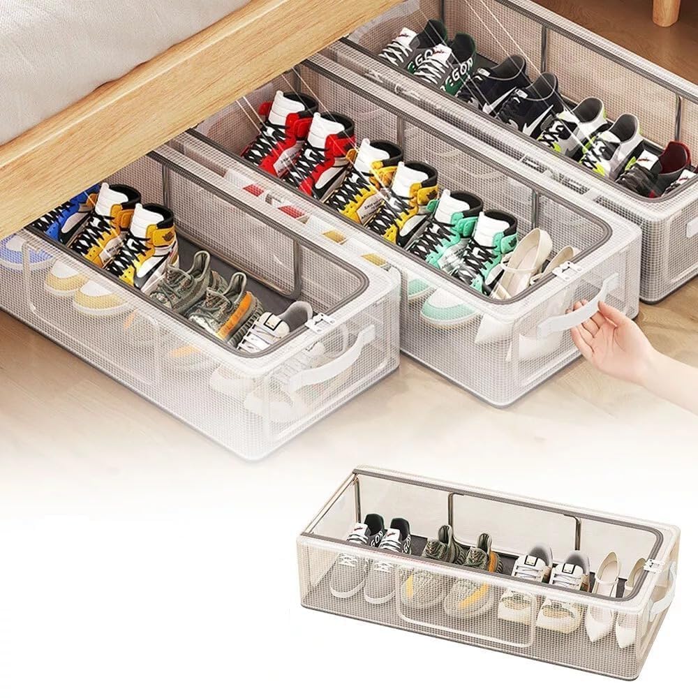 DDN_R_ Stainless Steel, Pp Shoe Organiser For Home Transparent Lid Fits Under Bed Shoe Storage Organiser Folding Shoe Box Sneaker Holder Container Space Saving (Large, 1, count)
