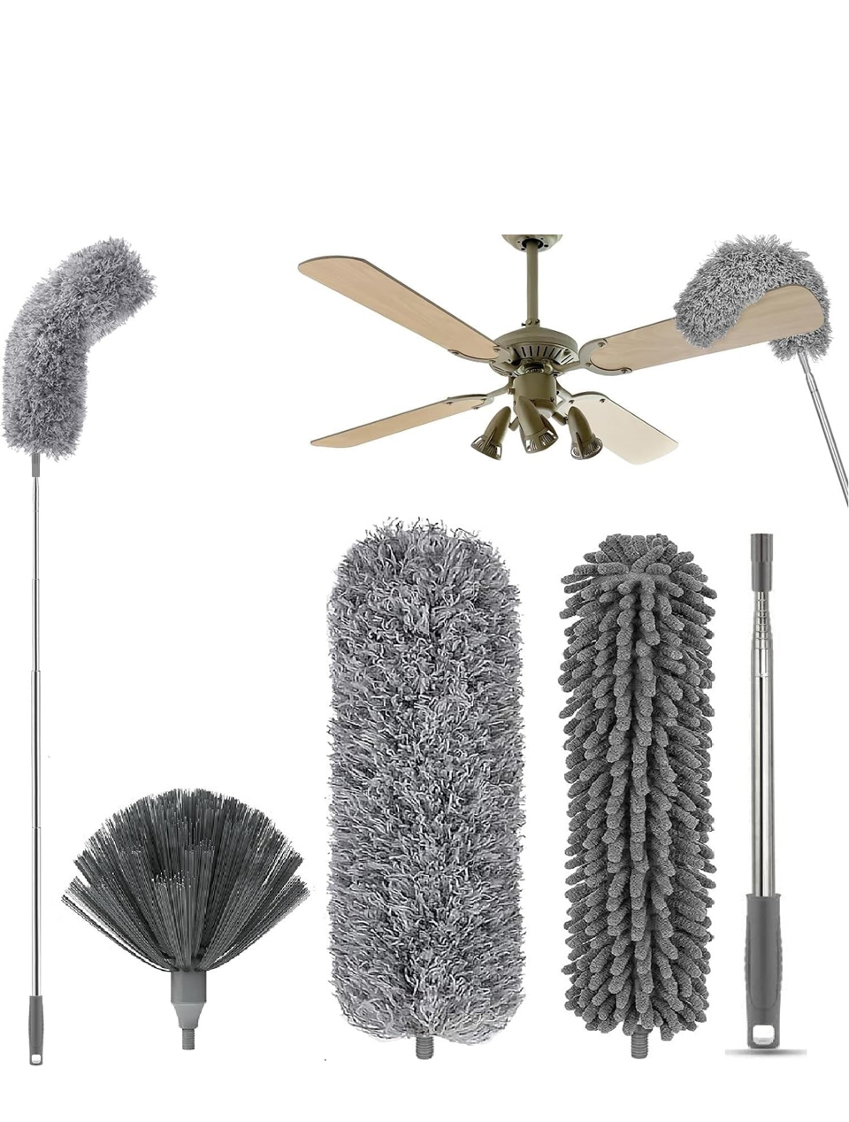 Hallstatt 3 In 1 Long Handle Microfiber Feather Ceiling Duster With Extendable Pole 30-100 Inch With Anti Scratch Bendable Head For Cleaning High Cobweb Stick High Ceiling Fan - Stainless Steel,Grey
