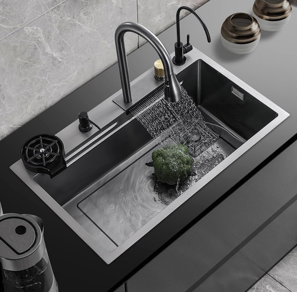 REMANENCE Modular Waterfall Kitchen Sink with Anti Scratch Honeycomb Design, Integrated an