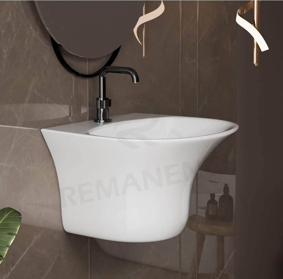 REMANENCE Luxury Wall Mount Half Pedestal Wash Basin for Bathroom | Designer Wall Hung Basin | Wall Mounted Washbasin for Resturent, Hotels (16 x 16 x 11 Inch) (Glossy White)
