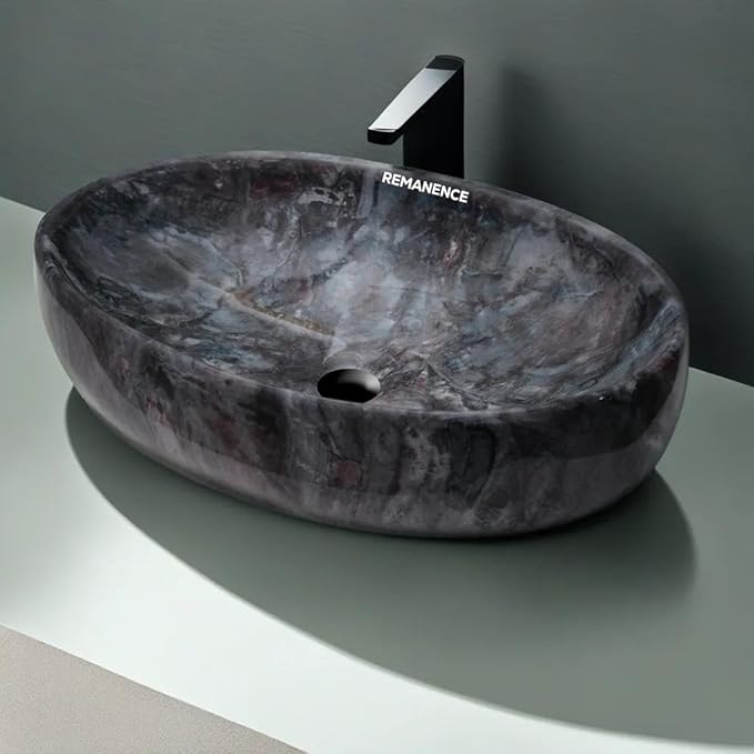 REMANENCE Wash Basin Countertop | Tabletop Ceramic Bathroom Sink | Wash Basin Over Counter | Ceramic Wash Basin (Marble Navy Blue)