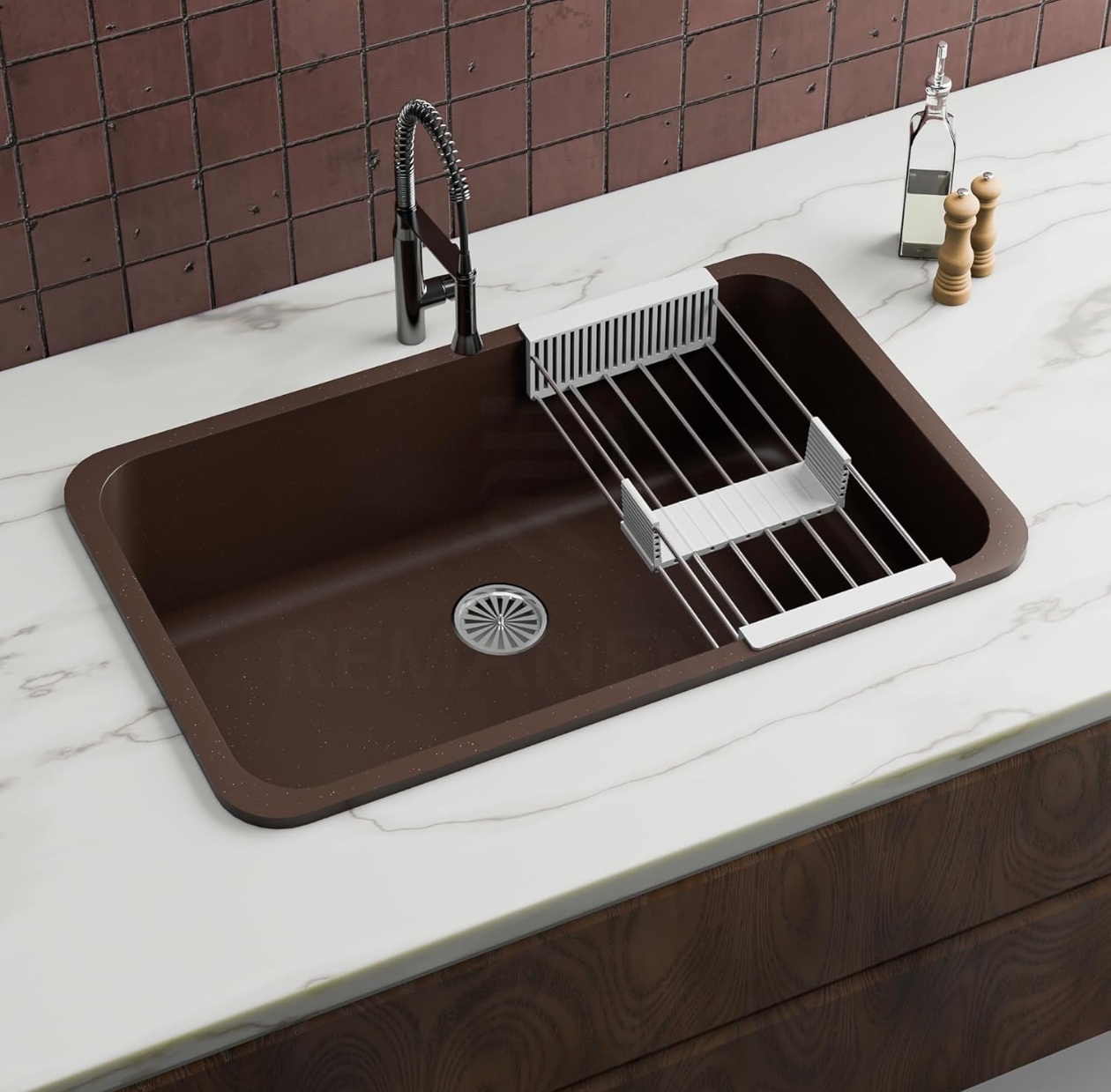 REMANENCE Granite Quartz Singke Bowl Kitchen SInk | Matte Finish Kitchen Sink With Drain Board and Drainer Basket | Modern Sink for Kitchen (31 x 19 x 9 Inch) (Brown)
