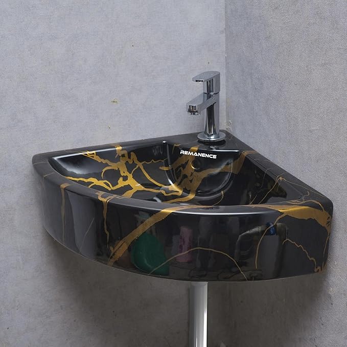 REMANENCE Ceramic Wall Hung Corner Wash Basin for Bathroom | Wall Mounted Corner Sink