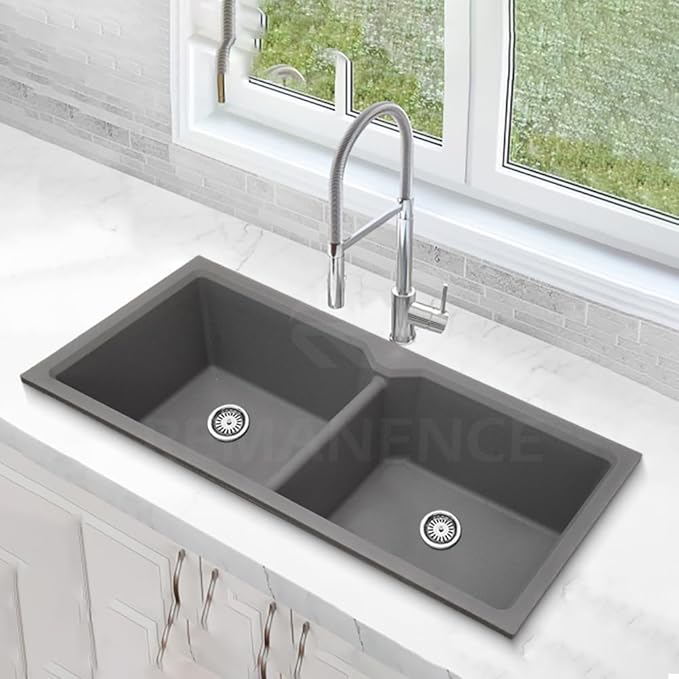 REMANENCE Granite Quartz Double Bowl Kitchen Sink With Drain Board Flushmount