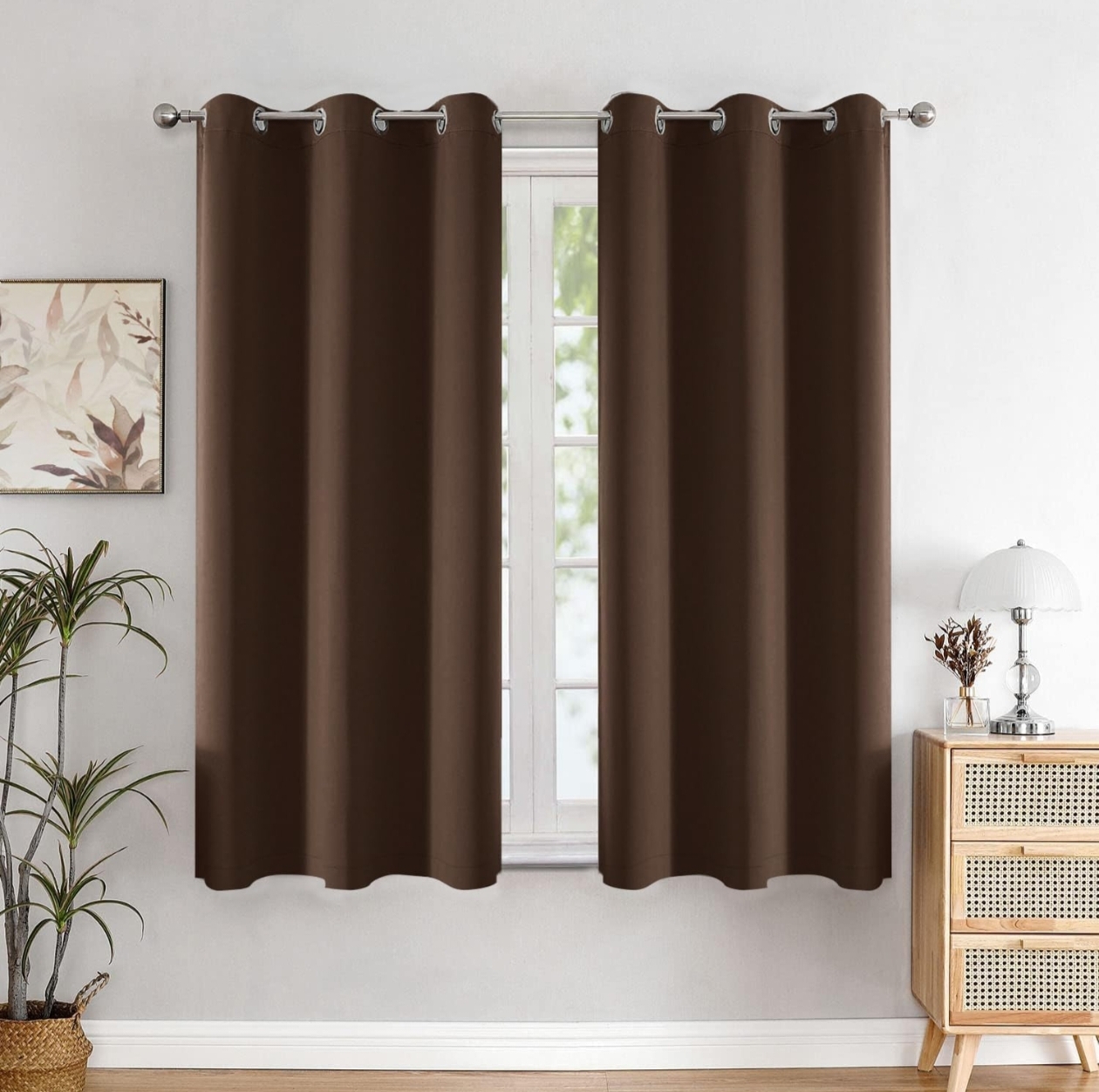 HOMEMONDE Solid Blackout Curtains 5 Feet for Window Set of 2 - Faux Silk 97% Blackout Thick Curtains, Room Privacy and Thermal Insulation 60 Inch - (Dark Brown, 152x166 CMs)