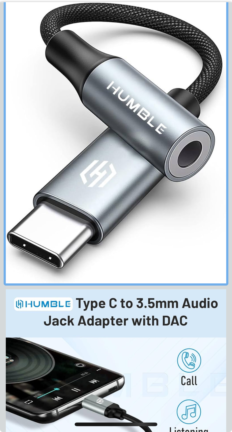 HUMBLE Type-C to 3.5mm Audio Jack Adapter with DAC – Compatible with iPhone 15 Pro Max/ 15 Pro/ 15 Plus, Galaxy S24/ S24 Ultra/ S23/ S23 Ultra/ S22/ S21, Flip/Fold, iPad Pro