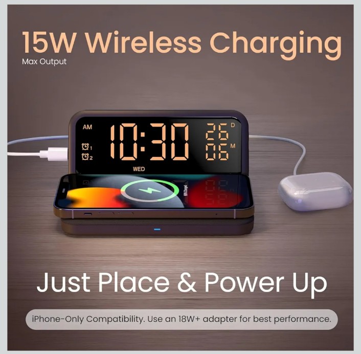 Portronics Freedom 4E 15W Wireless Charger with Dual Alarm Clock, Date Display, Soft Fabric Charging Pad