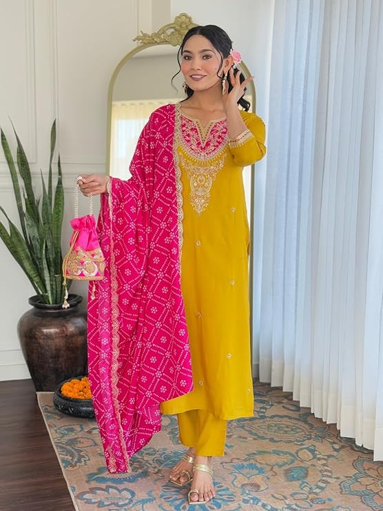 Naixa Women's BSY Viscose Embroidered Straight Kurta with Pant and Dupatta Sets (NX-628)