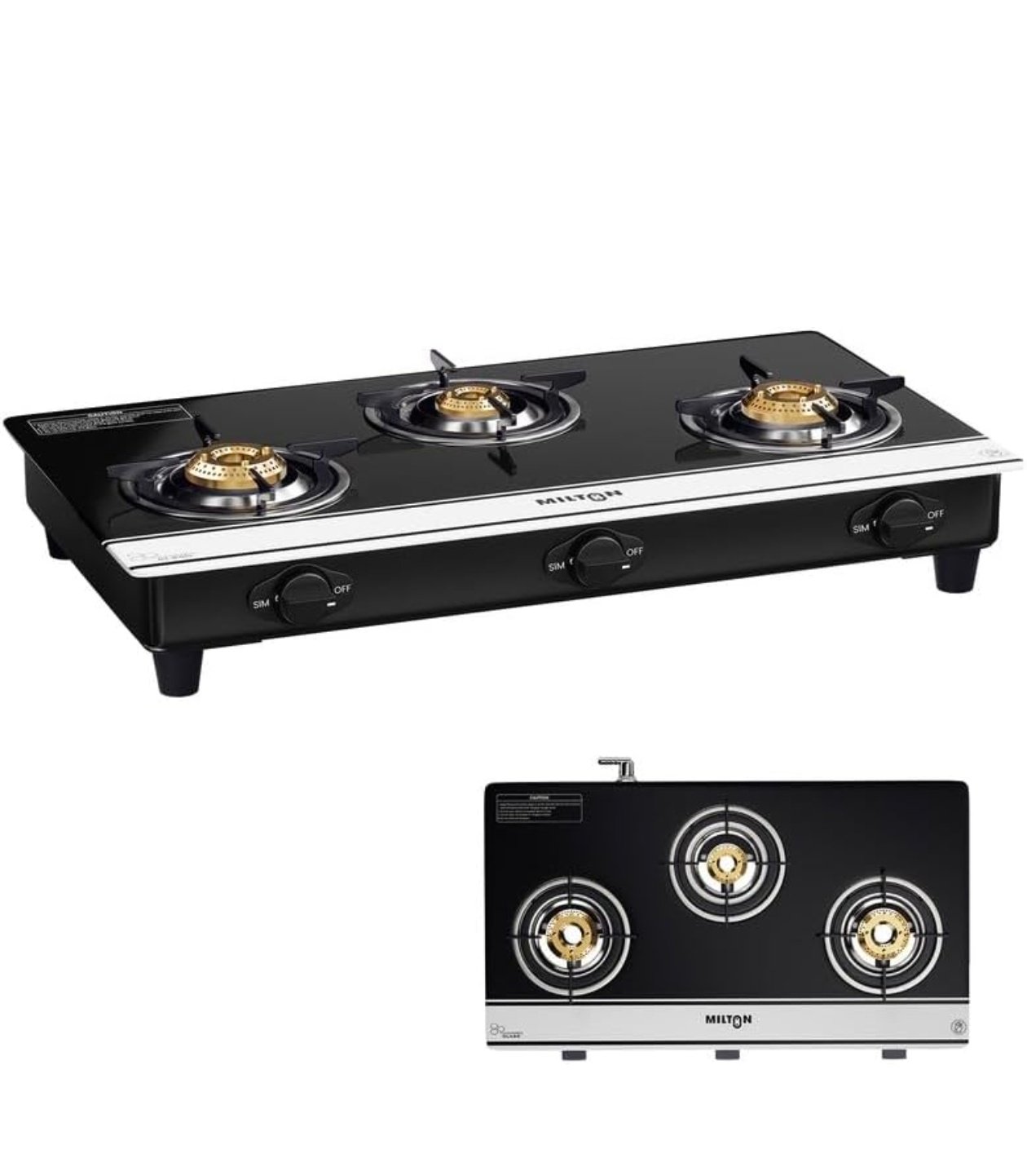 Milton Ignis Pro 3 Burners Auto Ignition Gas Stove | ISI Certified | 6mm Toughened Glass Top | 360 Degree Nozzle | Heavy Pan Support | Pure Brass Burners | 1 Year Manufacturer's Warranty-Black & White