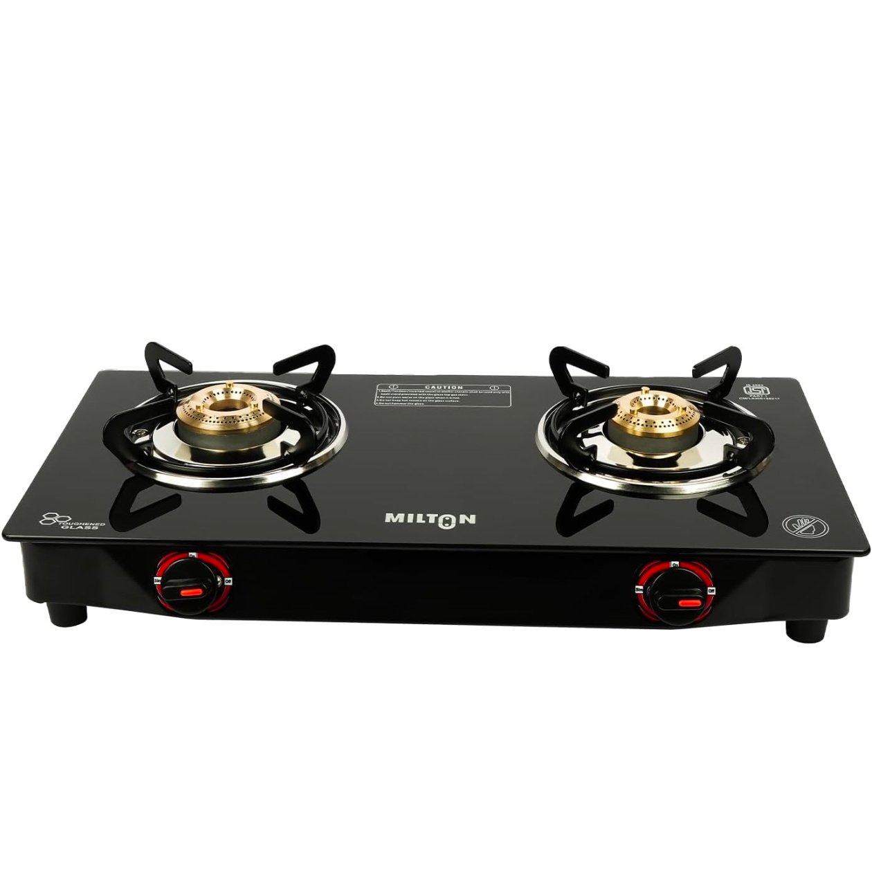 MILTON Premium 2 Burner Black Manual Ignition Glass Top Gas Stove, (ISI Certified)