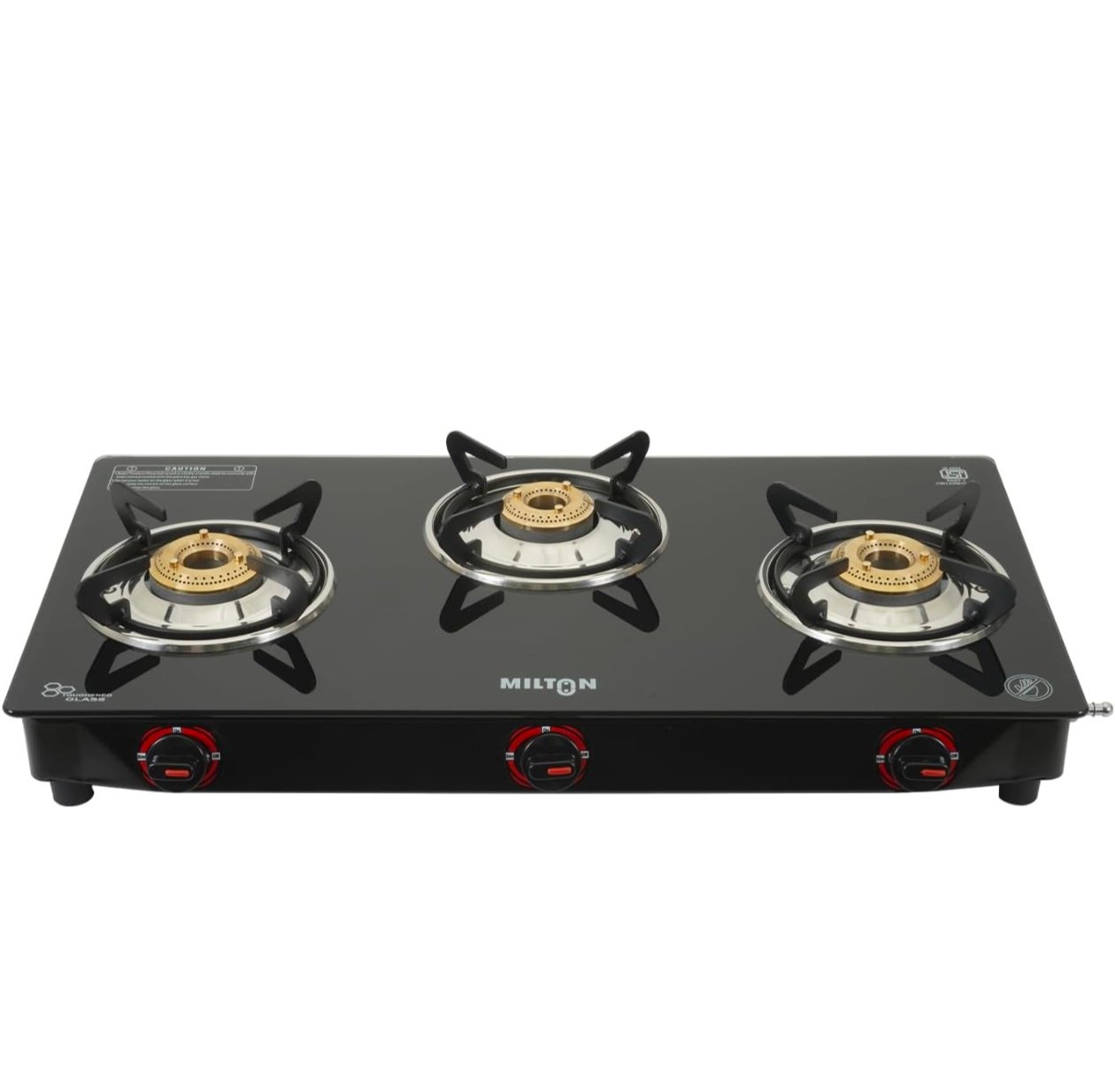 MILTON Premium 3 Burner Black Manual Ignition Glass Top Gas Stove, (ISI Certified)