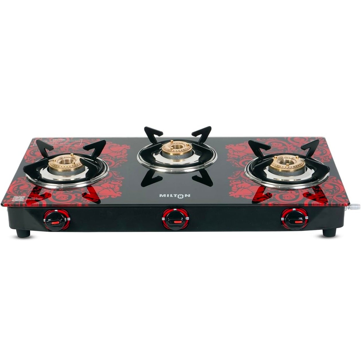 MILTON Premium Red Manual Ignition Glass Top Gas Stove,1-Year Manufacturer's Warranty (ISI Certified) (3 Burner)