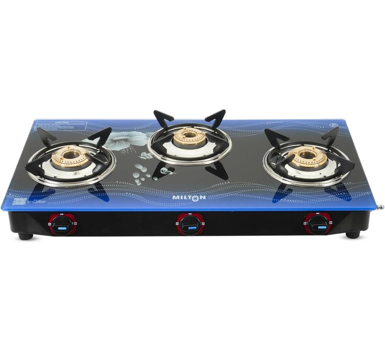 MILTON Premium 3 Burner BLUE Manual Ignition Glass Top Gas Stove, (ISI Certified)
