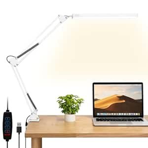 Dyazo Overhead LED Desk Lamp with Long Adjustable Arm Clamp | Dimmable Table Light Includes 3 Color Modes & 10 Brightness Levels | 12W Lighting for Study, Reading, Crafting with Memory Feature (White)