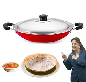 PANCA Non-Stick Deep Appachetty with Lid, 20 cm Black | Scratch-Resistant Appam Kadai for Paniyaram, Uttapam & Frying | Induction & Gas Compatible (Red)