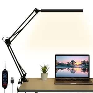 Dyazo Overhead Long Arm LED Desk Lamp | 360°Adjustable Swing Arm Clamp | 3 Color Modes & 10 Brightness Levels | Eye Caring 12W Table Light for Home, Office, Reading, Study with Memory Function (Black)