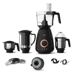 Philips Stainless Steel Mixer Grinder + Food Processor, 3-in-1 750 Watt (Mixer Grinder for home + Juicer + Food Processor) 4 Jar, (HL7707/01), Black