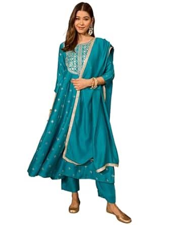 Naixa Women's Vichitra Silk Embroidered and Printed A-Line Kurta with Pant and Dupatta Sets (NX-932)