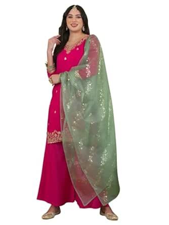 Naixa Women's Viscose Silk Embroidered Straight Kurta with Pant and Dupatta Sets (NX-953)