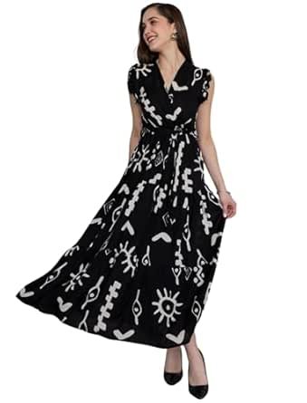 Modestouze Attires Women's Rayon Maxi Dress with V Neck Line Sleeveless Printed Pattern Calf Length Regular Fit and Flare Casual Dresses