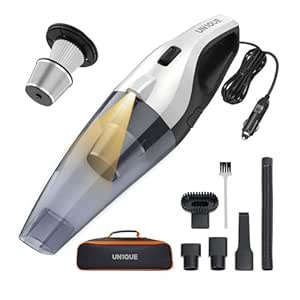 UN1QUE Vacuum Cleaner for Car Use with DC 12V & LED Light Car Vacuum 4m Power Cord 6000pa Powerful Suction, HEPA & Stainless Steel Filter, Only for Car Cigarette Lighter Use, No Battery